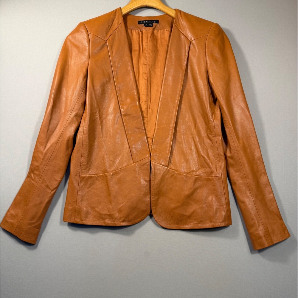 Theory Womens Tan Lamb Leather Open Front Blazer Jacket Size 2 Collarless